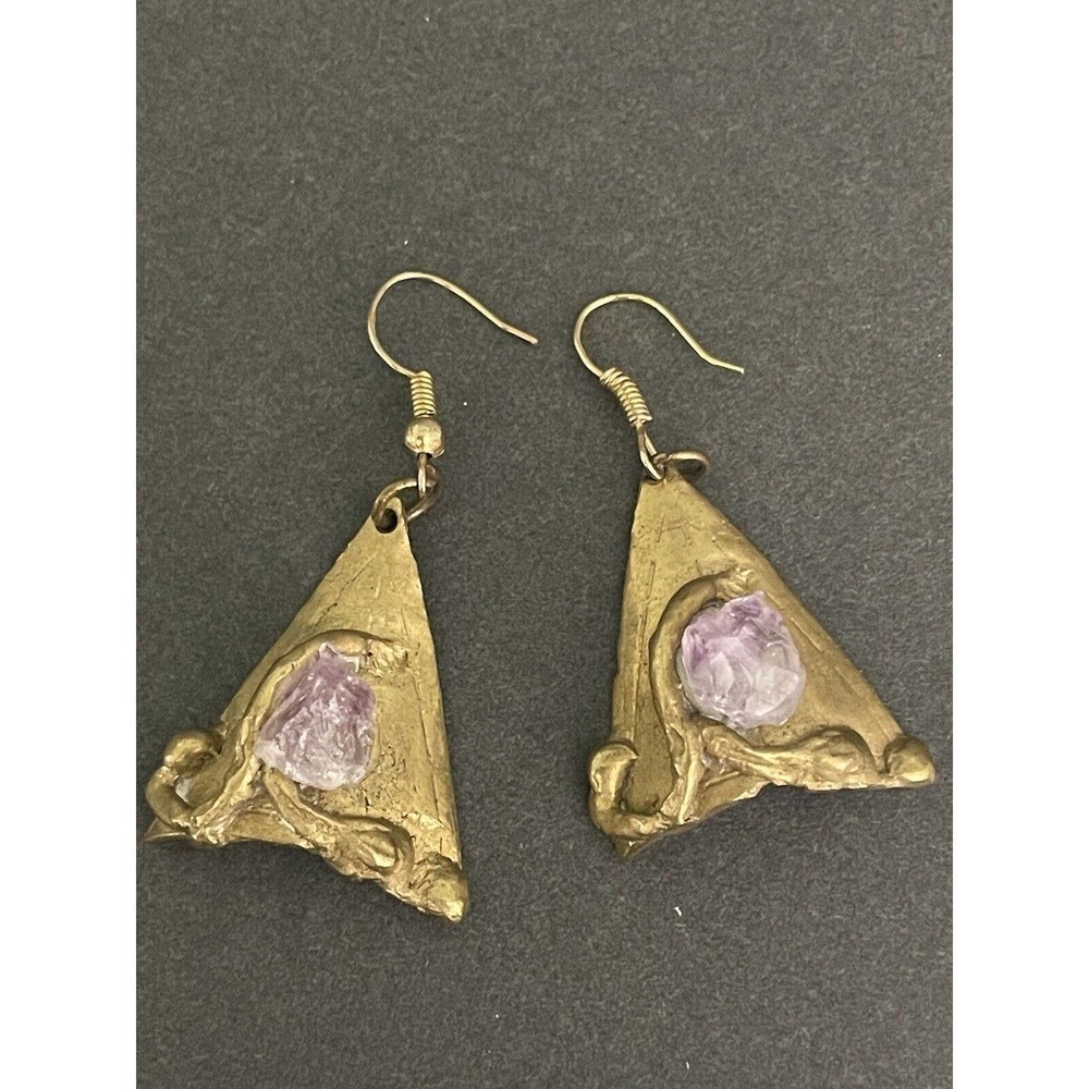 Amethyst Copper Plates Artisan Triangle Handcrafted Boho Fish Hook Earrings